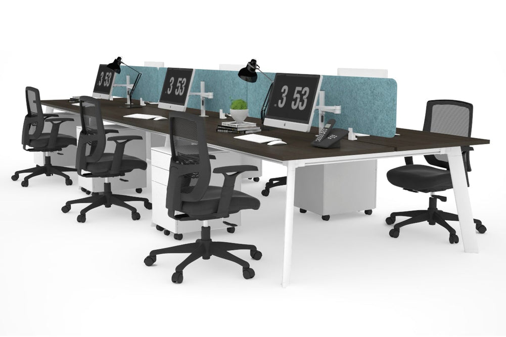 Switch - 6 Person Workstation White Frame [1600L x 700W]-dark oak blue acoustic panel (400H x 1600W) 