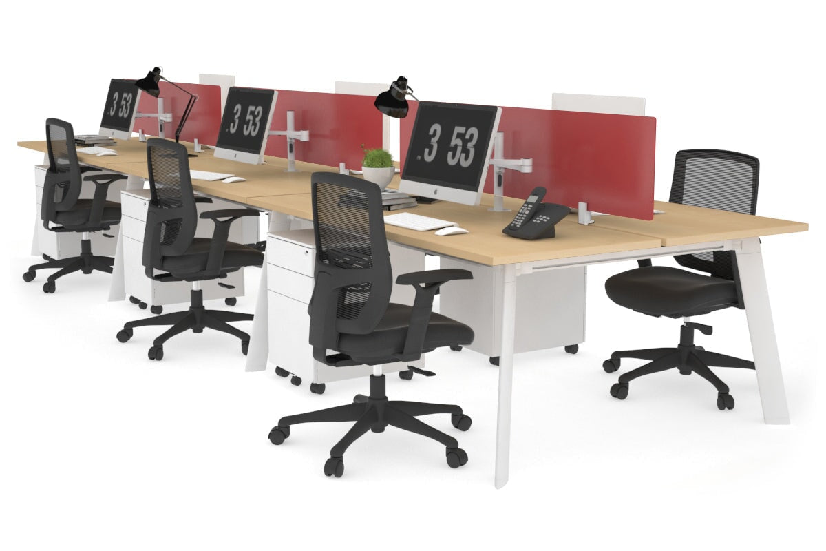 Switch - 6 Person Workstation White Frame [1600L x 700W]-maple red perspex (400H x 1500W) 