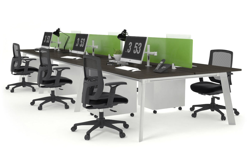 Switch - 6 Person Workstation White Frame [1600L x 800W with Cable Scallop]-dark oak green perspex (400H x 1500W) 