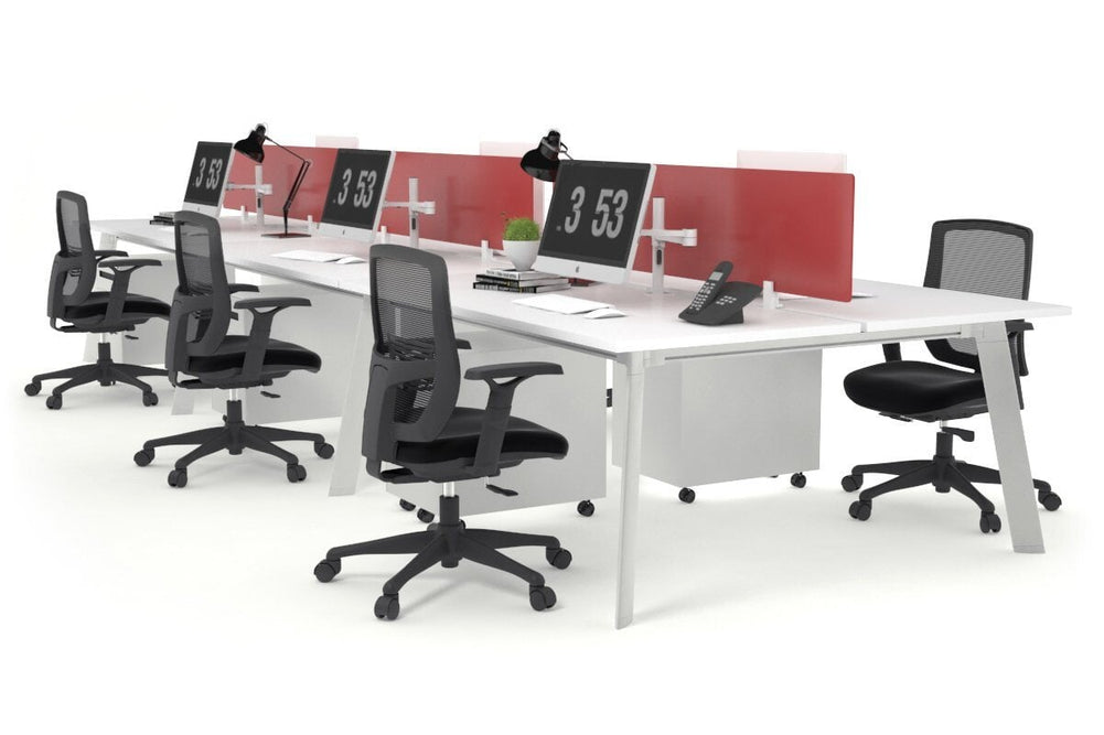 Switch - 6 Person Workstation White Frame [1800L x 800W with Cable Scallop]-white red perspex (400H x 1500W) 