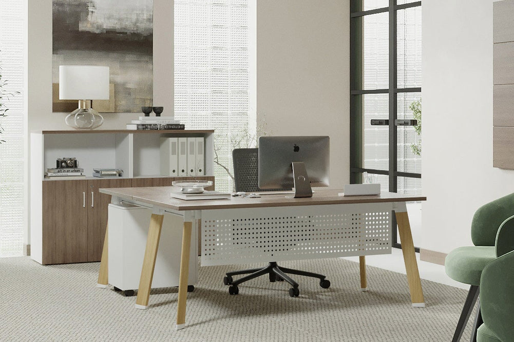 Switch Executive Corner Office Desk [1600L x 1450W]-black leg dark oak modesty panel