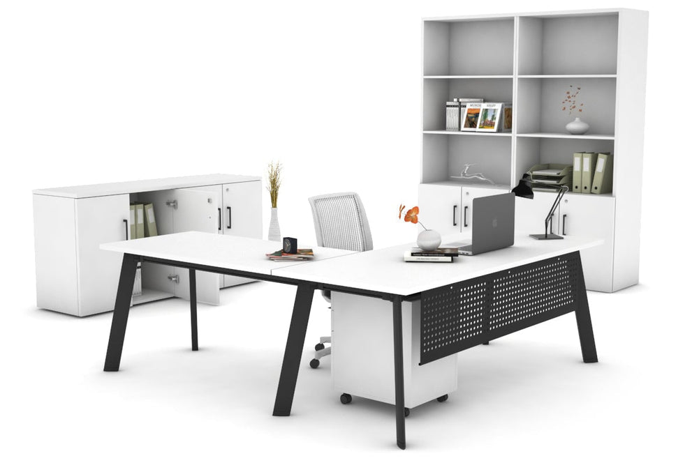 Switch Executive Corner Office Desk [1600L x 1450W]-black leg dark oak modesty panel