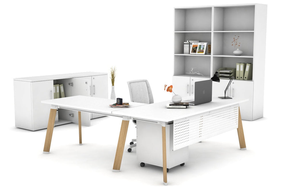 Switch Executive Corner Office Desk [1600L x 1450W]-black leg dark oak modesty panel