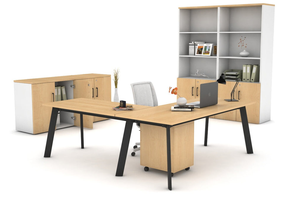 Switch Executive Corner Office Desk [1600L x 1450W]-black leg dark oak modesty panel