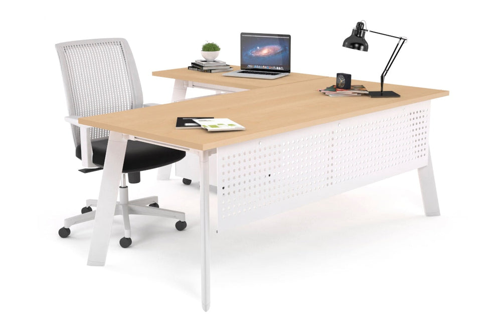Switch Executive Corner Office Desk [1600L x 1450W]-white leg maple modesty panel