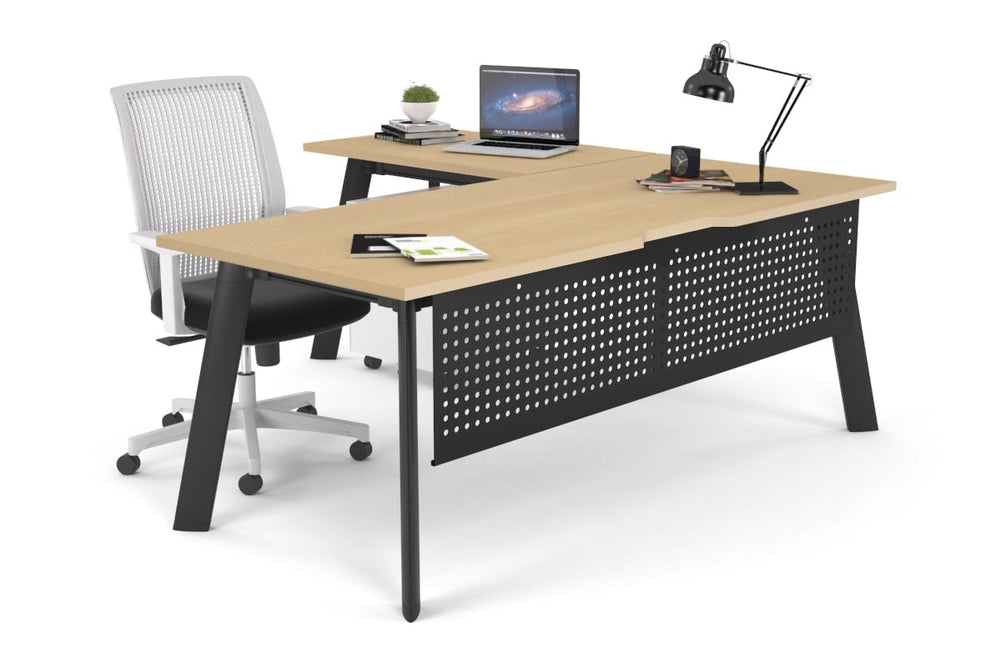Switch Executive Corner Office Desk [1600L x 1550W with Cable Scallop]-black leg maple modesty panel