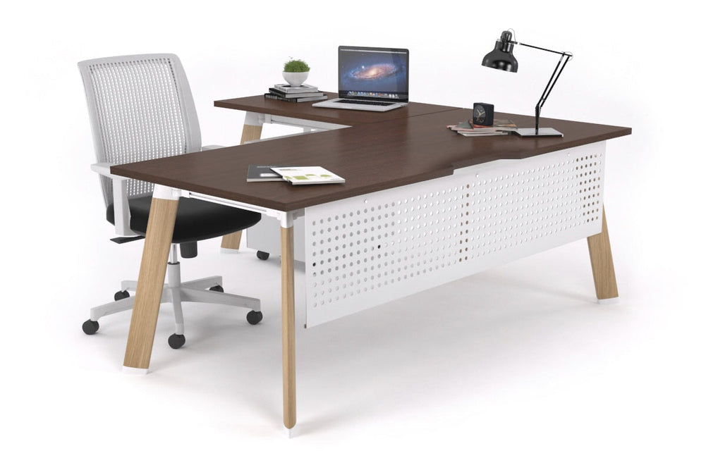 Switch Executive Corner Office Desk [1600L x 1550W with Cable Scallop]-black leg dark oak modesty panel