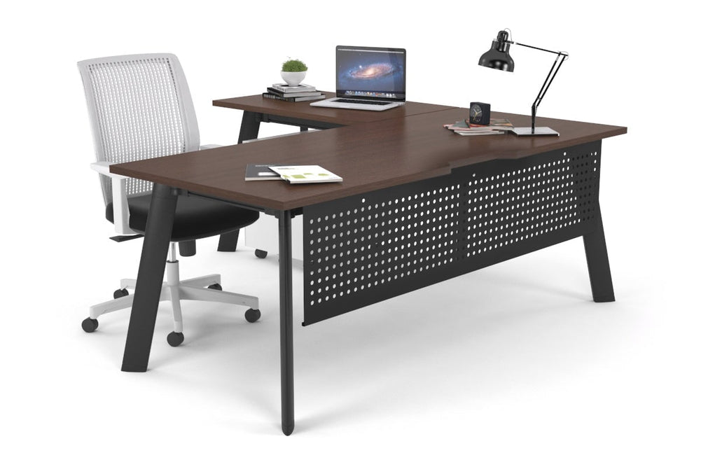Switch Executive Corner Office Desk [1600L x 1550W with Cable Scallop]-black leg dark oak modesty panel