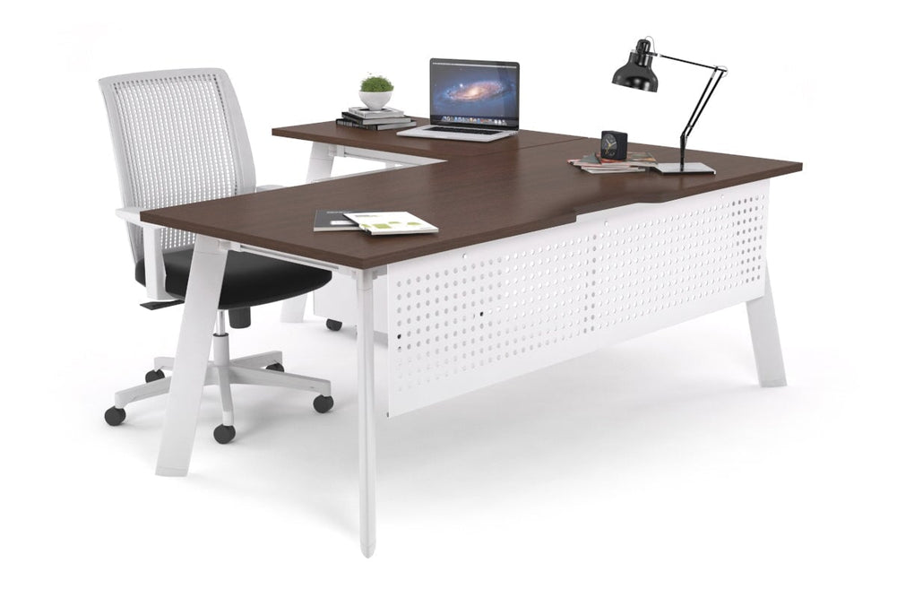 Switch Executive Corner Office Desk [1600L x 1550W with Cable Scallop]-black leg dark oak modesty panel