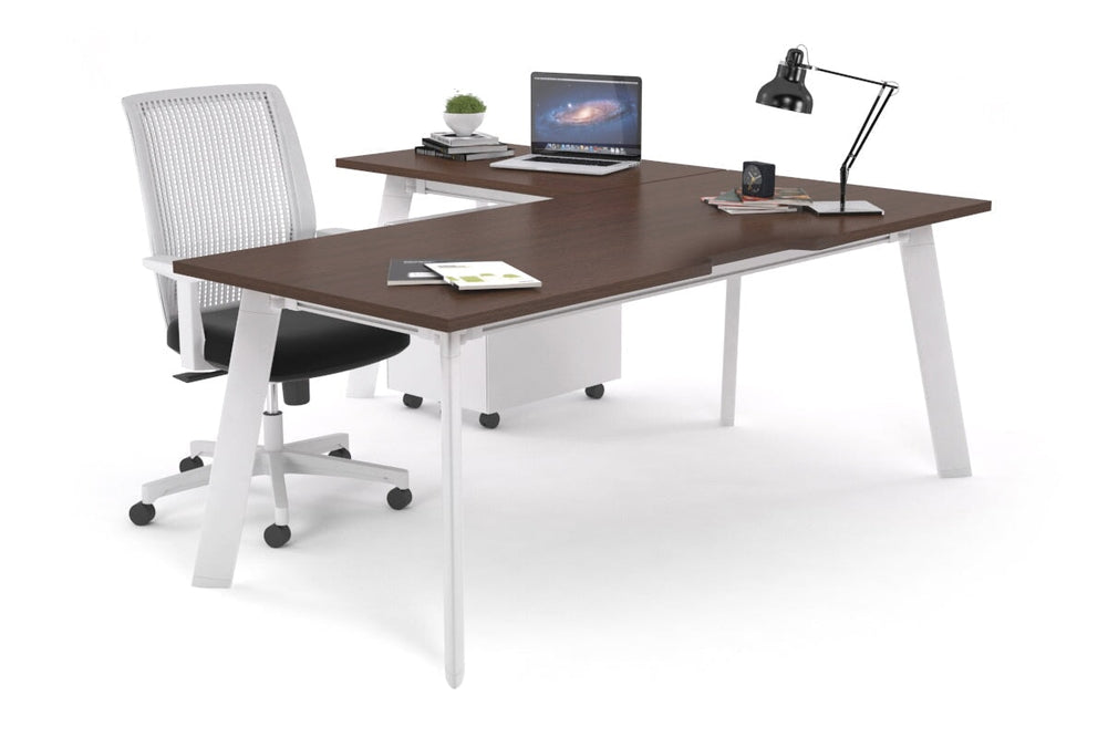 Switch Executive Corner Office Desk [1600L x 1550W with Cable Scallop]-black leg dark oak modesty panel