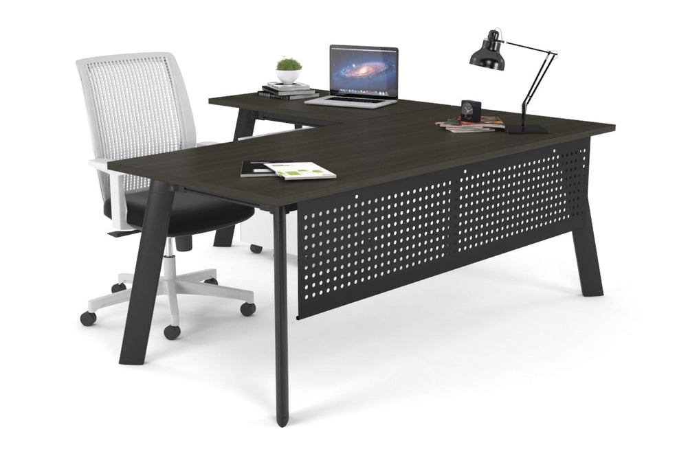 Switch Executive Corner Office Desk [1600L x 1700W]-black leg dark oak modesty panel