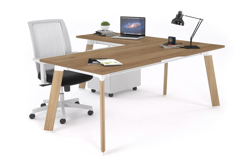 Switch Executive Corner Office Desk [1600L x 1800W with Cable Scallop]-black leg dark oak modesty panel