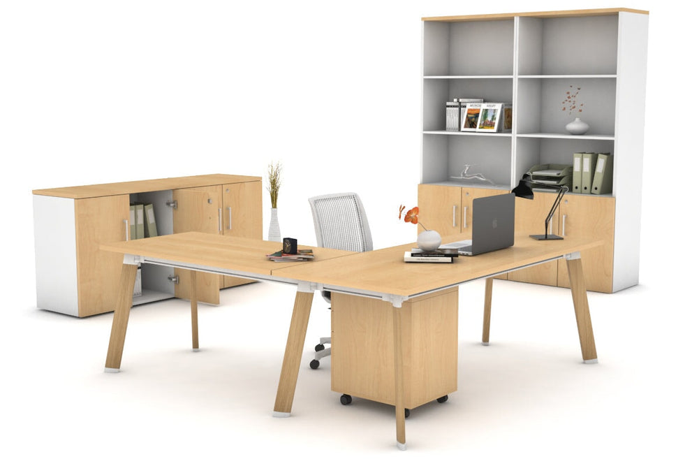 Switch Executive Corner Office Desk [1800L x 1450W]-black leg dark oak modesty panel