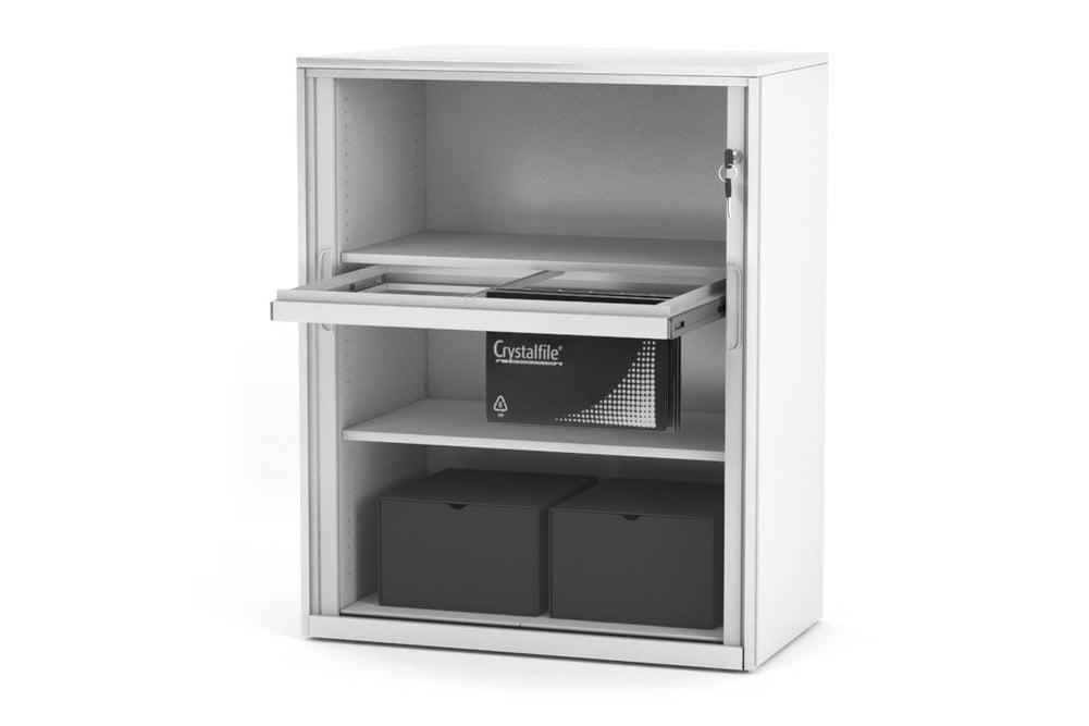 Tambour Sliding Door Storage Cabinet Metal [1025H x 900W]-white lower none