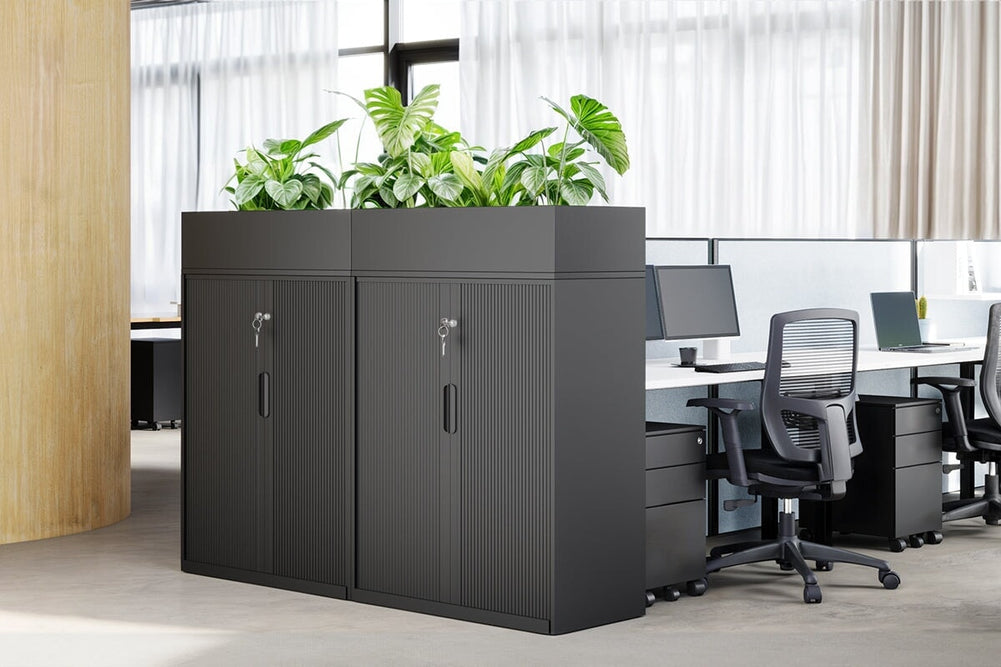 Tambour Sliding Door Storage Cabinet Metal [1025H x 900W]-black lower planter box