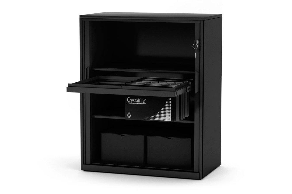Tambour Sliding Door Storage Cabinet Metal [1025H x 900W]-black lower none