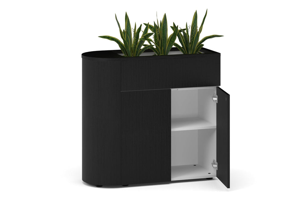 Uniform Lux Half Curved Storage with Planter Box 2 Door Cupboard-black black wood grain black