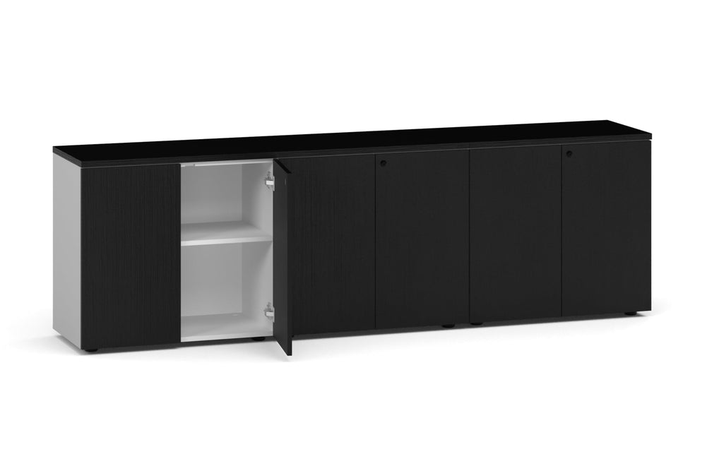 Uniform Lux Storage 6 Door Cupboard-white carcass black wood grain push open handle