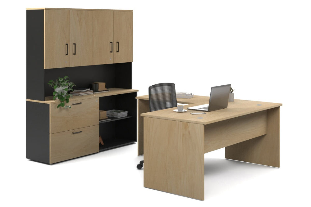 Uniform Panel L-Shaped Executive Setting - Black Carcass [1600L x 1600W]-maple lateral 2 drawer + open bookcase closed hutch