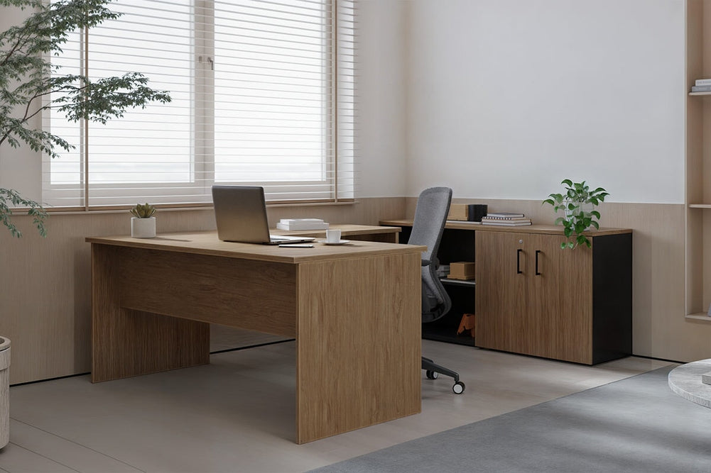 Uniform Panel L-Shaped Executive Setting - Black Carcass [1600L x 1600W]-dark oak sliding 2 door + open bookcase closed hutch