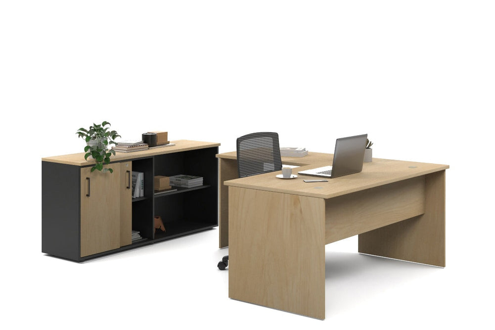 Uniform Panel L-Shaped Executive Setting - Black Carcass [1600L x 1600W]-maple sliding 2 door + open bookcase none