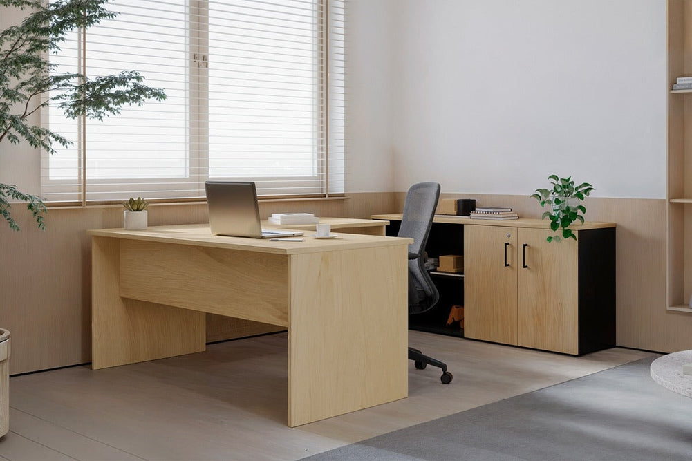 Uniform Panel L-Shaped Executive Setting - Black Carcass [1600L x 1600W]-dark oak sliding 2 door + open bookcase closed hutch