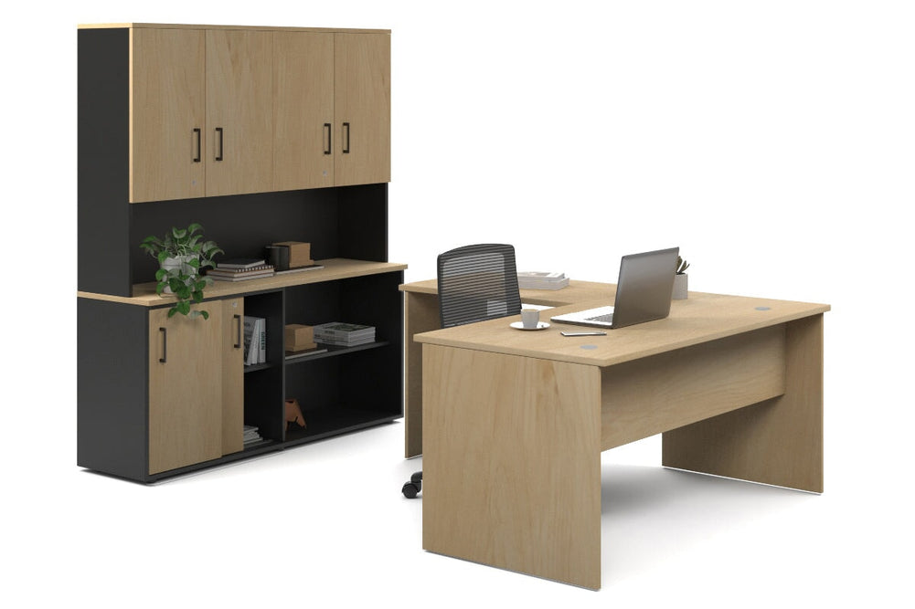 Uniform Panel L-Shaped Executive Setting - Black Carcass [1600L x 1600W]-maple sliding 2 door + open bookcase closed hutch