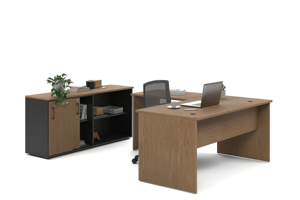 Uniform Panel L-Shaped Executive Setting - Black Carcass [1600L x 1600W]-salvage oak sliding 2 door + open bookcase none