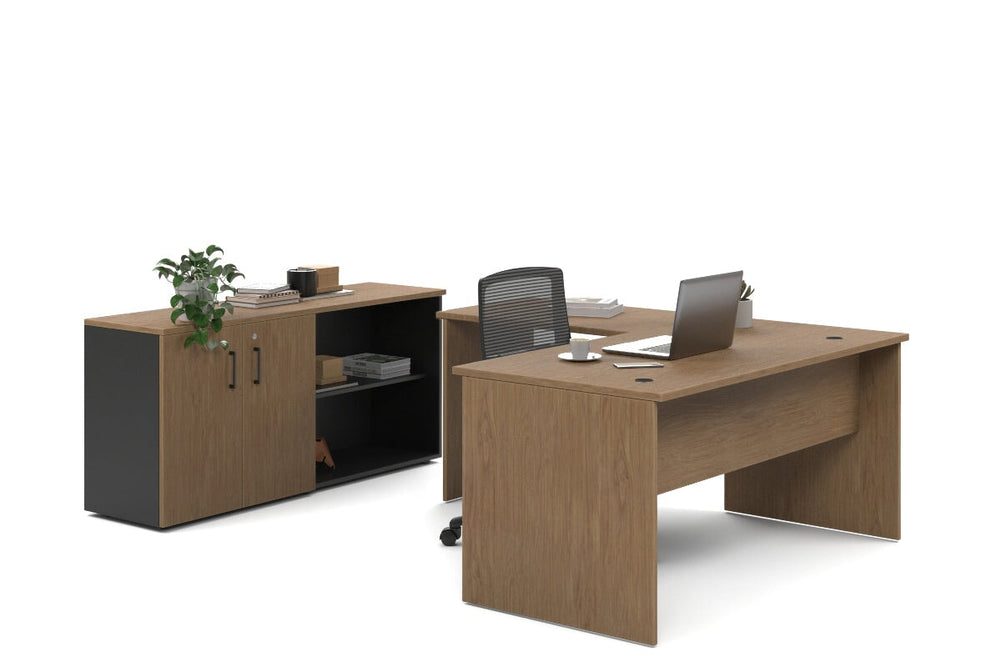 Uniform Panel L-Shaped Executive Setting - Black Carcass [1600L x 1600W]-salvage oak uniform 2 door + open bookcase none