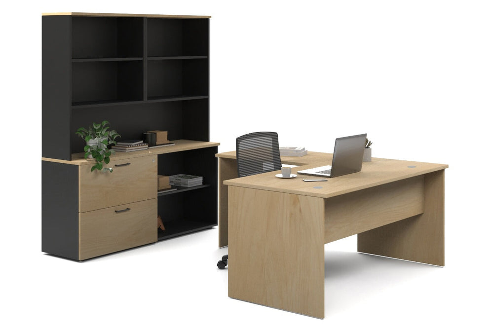 Uniform Panel L-Shaped Executive Setting - Black Carcass [1600L x 1600W]-maple lateral 2 drawer + open bookcase open hutch