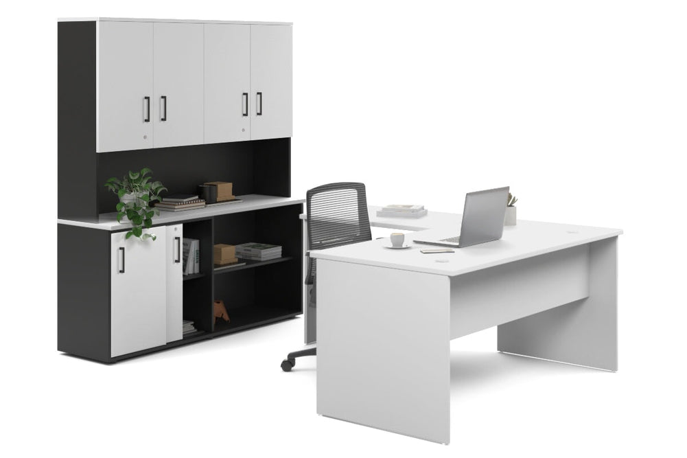 Uniform Panel L-Shaped Executive Setting - Black Carcass [1600L x 1600W]-white sliding 2 door + open bookcase closed hutch