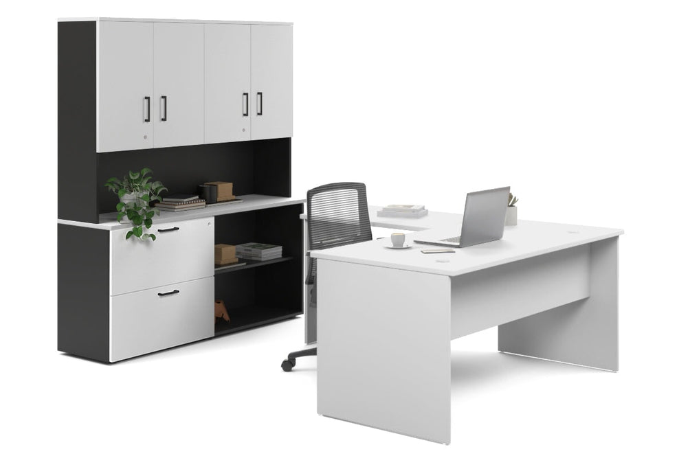 Uniform Panel L-Shaped Executive Setting - Black Carcass [1600L x 1600W]-white lateral 2 drawer + open bookcase closed hutch