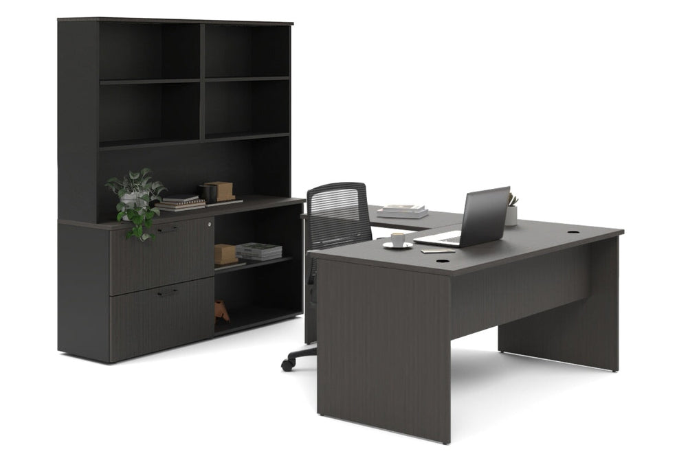 Uniform Panel L-Shaped Executive Setting - Black Carcass [1600L x 1600W]-dark oak lateral 2 drawer + open bookcase open hutch