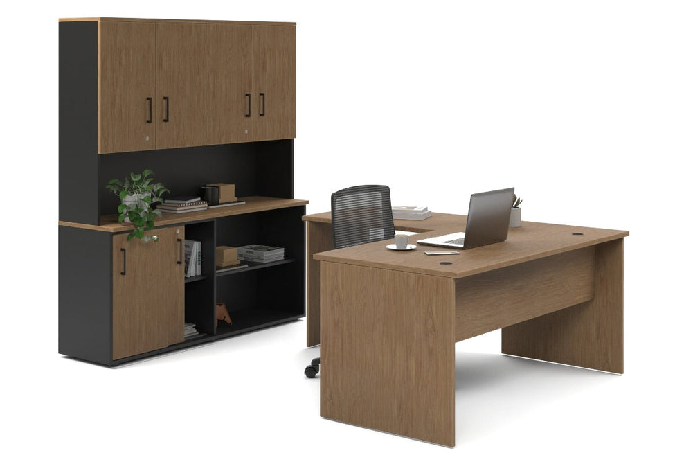 Uniform Panel L-Shaped Executive Setting - Black Carcass [1600L x 1600W]-salvage oak sliding 2 door + open bookcase closed hutch
