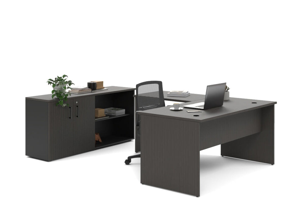 Uniform Panel L-Shaped Executive Setting - Black Carcass [1600L x 1600W]-dark oak uniform 2 door + open bookcase none