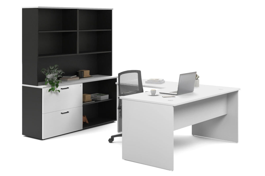 Uniform Panel L-Shaped Executive Setting - Black Carcass [1600L x 1600W]-white lateral 2 drawer + open bookcase open hutch