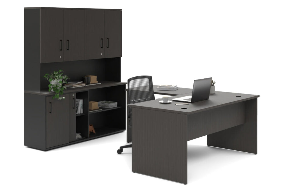 Uniform Panel L-Shaped Executive Setting - Black Carcass [1600L x 1600W]-dark oak sliding 2 door + open bookcase closed hutch