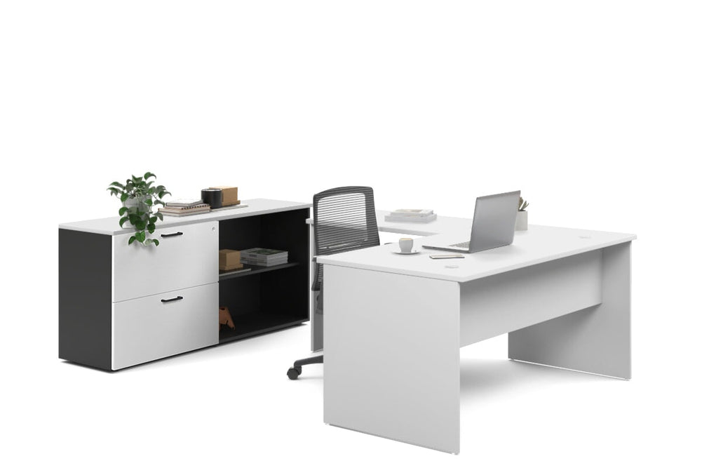 Uniform Panel L-Shaped Executive Setting - Black Carcass [1600L x 1600W]-white lateral 2 drawer + open bookcase none