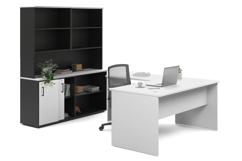Uniform Panel L-Shaped Executive Setting - Black Carcass [1600L x 1600W]-white sliding 2 door + open bookcase open hutch