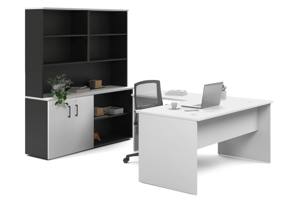 Uniform Panel L-Shaped Executive Setting - Black Carcass [1600L x 1600W]-white uniform 2 door + open bookcase open hutch
