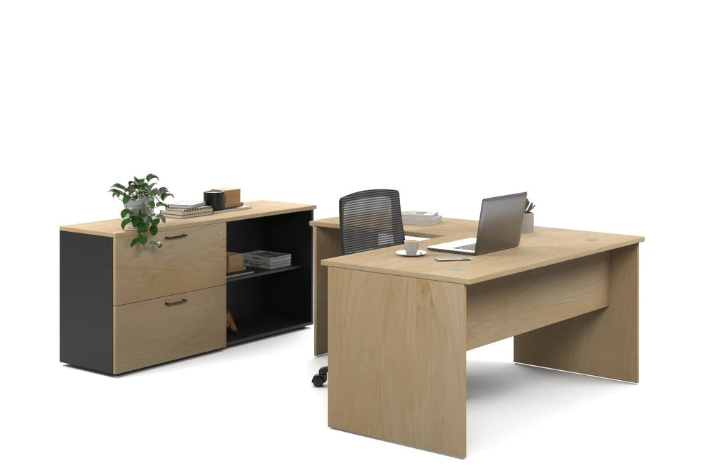 Uniform Panel L-Shaped Executive Setting - Black Carcass [1600L x 1600W]-maple lateral 2 drawer + open bookcase none