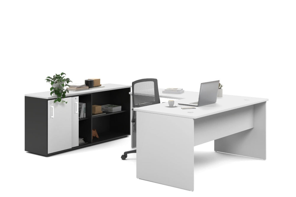 Uniform Panel L-Shaped Executive Setting - Black Carcass [1600L x 1600W]-white sliding 2 door + open bookcase none