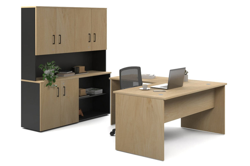 Uniform Panel L-Shaped Executive Setting - Black Carcass [1600L x 1600W]-maple uniform 2 door + open bookcase closed hutch