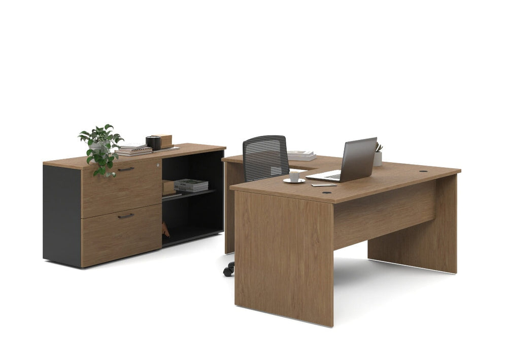 Uniform Panel L-Shaped Executive Setting - Black Carcass [1600L x 1600W]-salvage oak lateral 2 drawer + open bookcase none