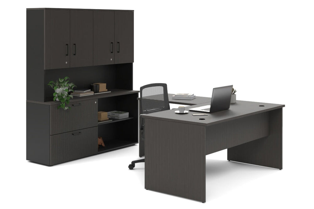 Uniform Panel L-Shaped Executive Setting - Black Carcass [1600L x 1600W]-dark oak lateral 2 drawer + open bookcase closed hutch