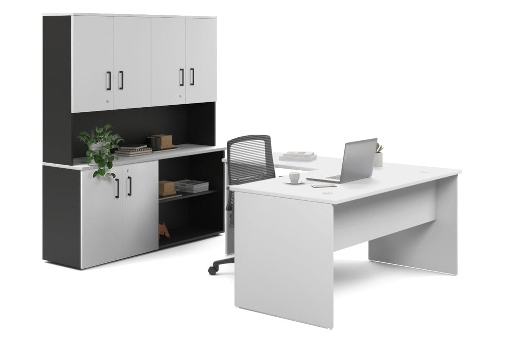 Uniform Panel L-Shaped Executive Setting - Black Carcass [1600L x 1600W]-white uniform 2 door + open bookcase closed hutch