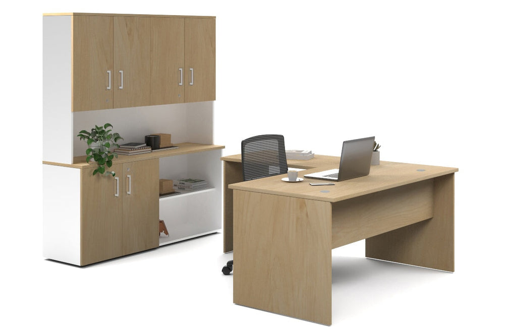 Uniform Panel L-Shaped Executive Setting - White Carcass [1600L x 1600W]-maple uniform 2 door + open bookcase closed hutch