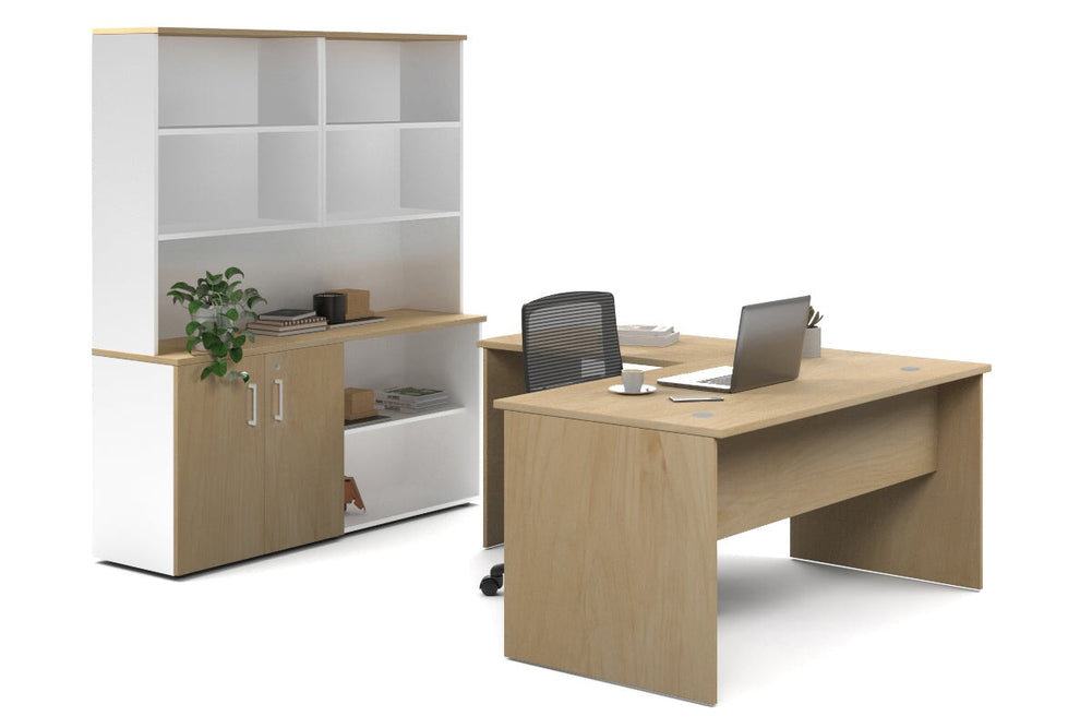 Uniform Panel L-Shaped Executive Setting - White Carcass [1600L x 1600W]-maple uniform 2 door + open bookcase open hutch