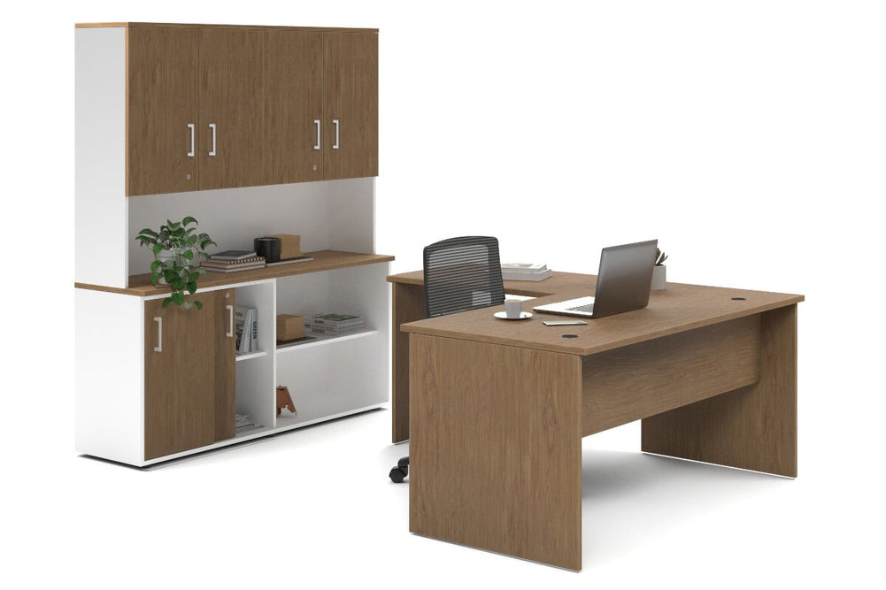 Uniform Panel L-Shaped Executive Setting - White Carcass [1600L x 1600W]-salvage oak sliding 2 door + open bookcase closed hutch