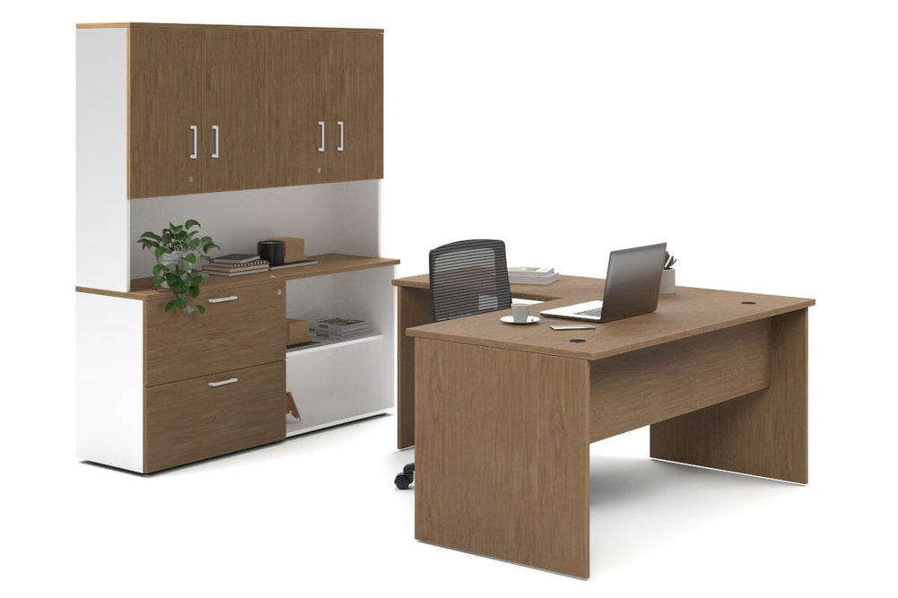 Uniform Panel L-Shaped Executive Setting - White Carcass [1600L x 1600W]-salvage oak lateral 2 drawer + open bookcase closed hutch